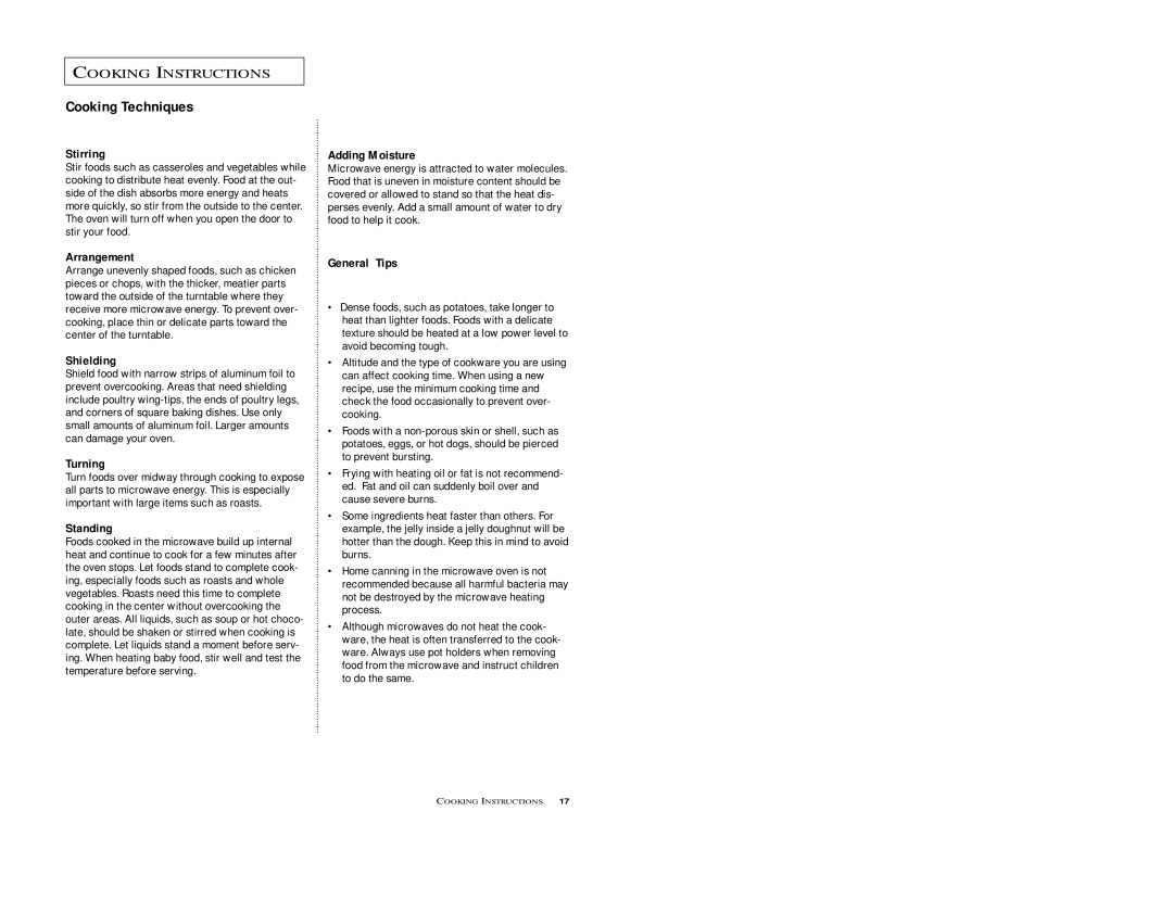 Samsung M1D8SCE, M198SCE owner manual Cooking Techniques 