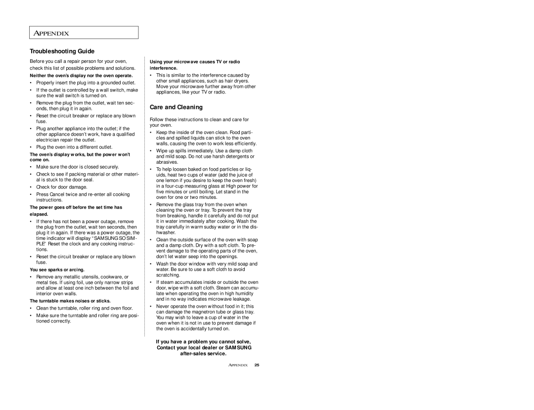 Samsung M1D8SCE, M198SCE owner manual Troubleshooting Guide, Care and Cleaning 