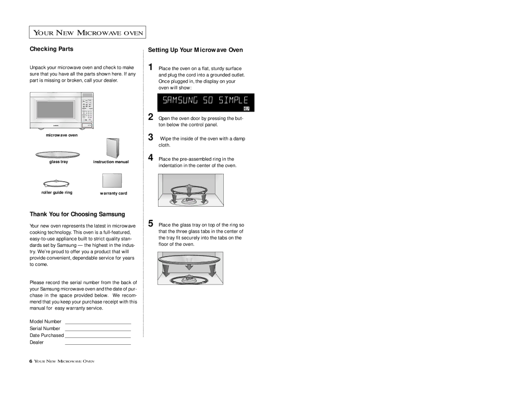 Samsung M198SCE, M1D8SCE owner manual Checking Parts, Thank You for Choosing Samsung, Setting Up Your Microwave Oven 