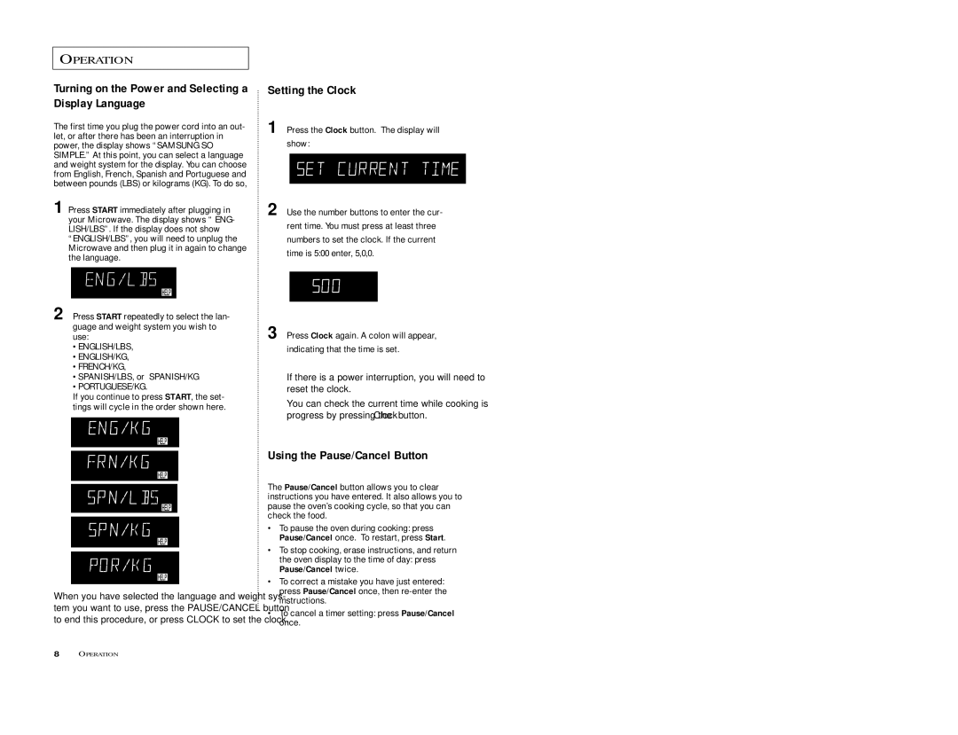 Samsung M198SCE Turning on the Power and Selecting a Display Language, Setting the Clock, Using the Pause/Cancel Button 