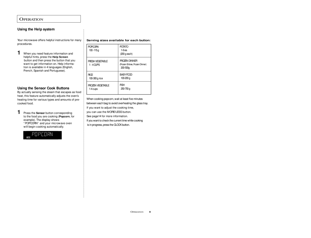 Samsung M1D8SCE, M198SCE Using the Help system, Using the Sensor Cook Buttons, Serving sizes available for each button 