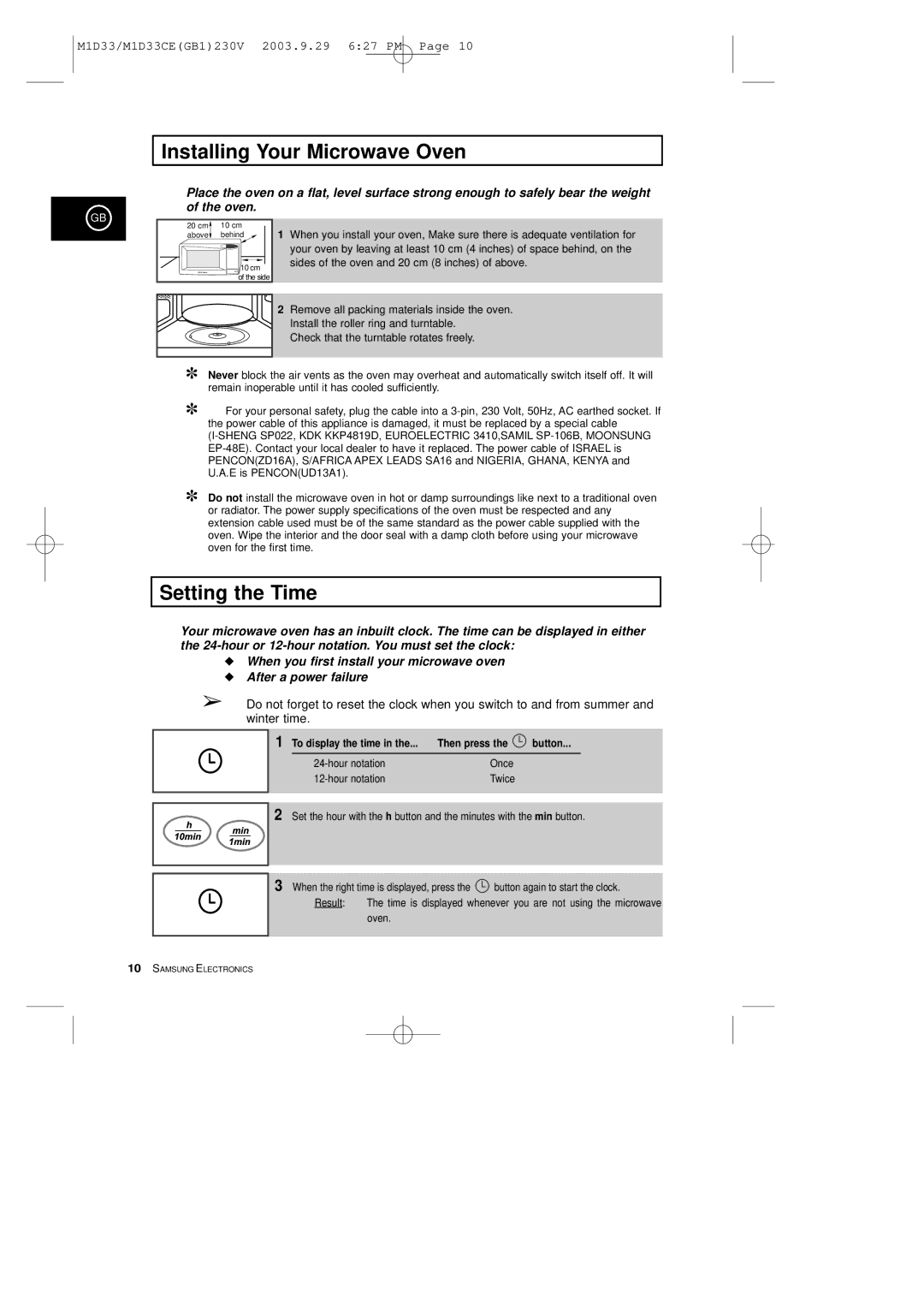 Samsung M1D33CE manual Installing Your Microwave Oven, Setting the Time, To display the time Then press Button 