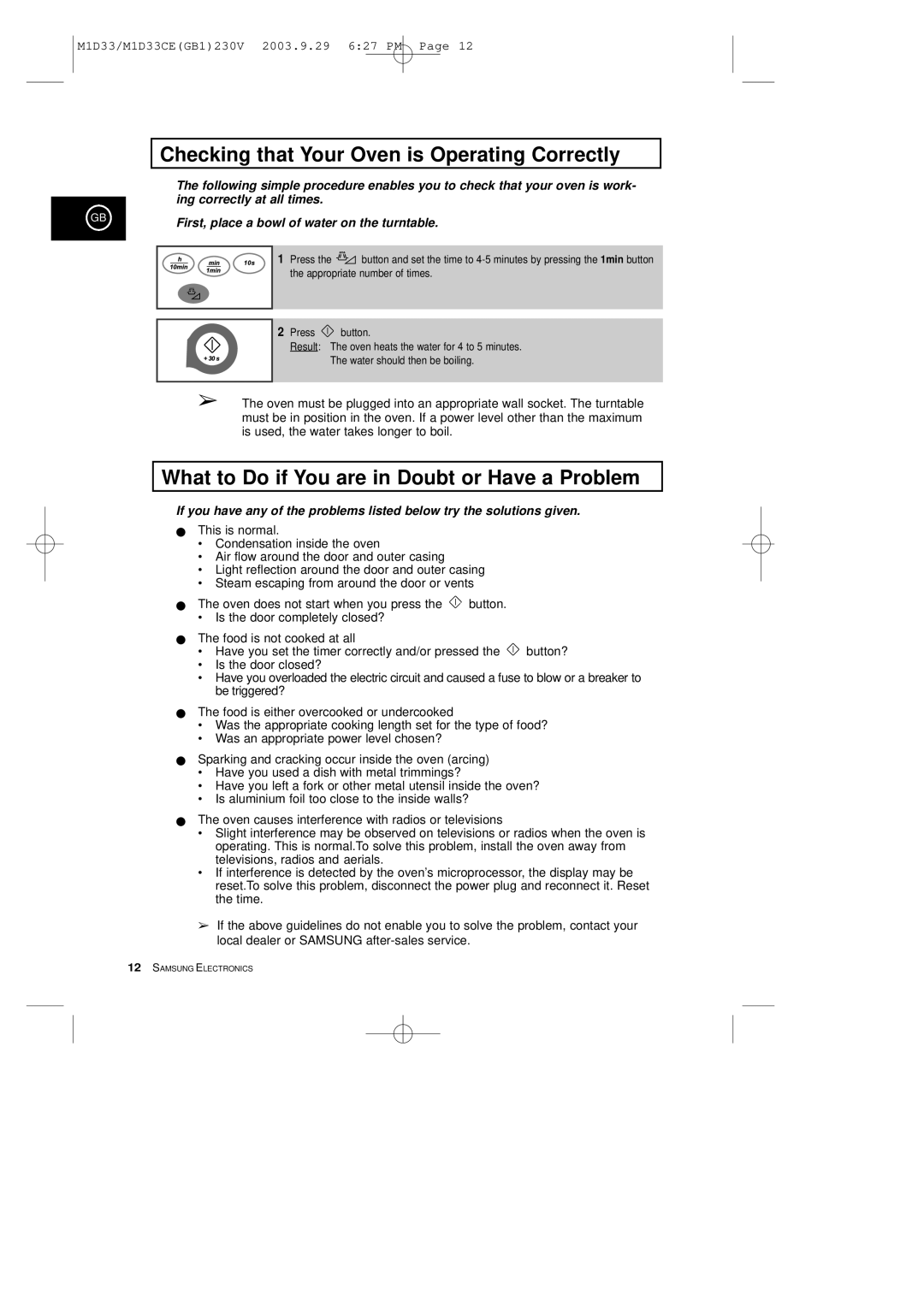 Samsung M1D33CE manual Checking that Your Oven is Operating Correctly, What to Do if You are in Doubt or Have a Problem 