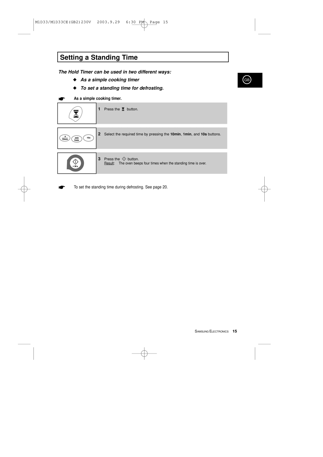 Samsung M1D33CE manual Setting a Standing Time, As a simple cooking timer 