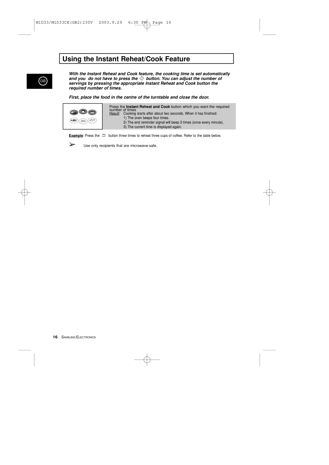 Samsung M1D33CE manual Using the Instant Reheat/Cook Feature 