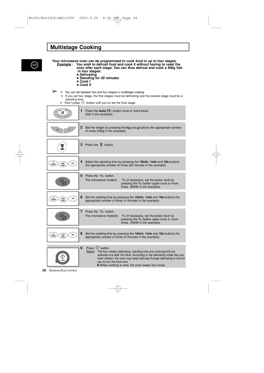 Samsung M1D33CE manual Multistage Cooking, Defrosting Standing for 20 minutes Cook 