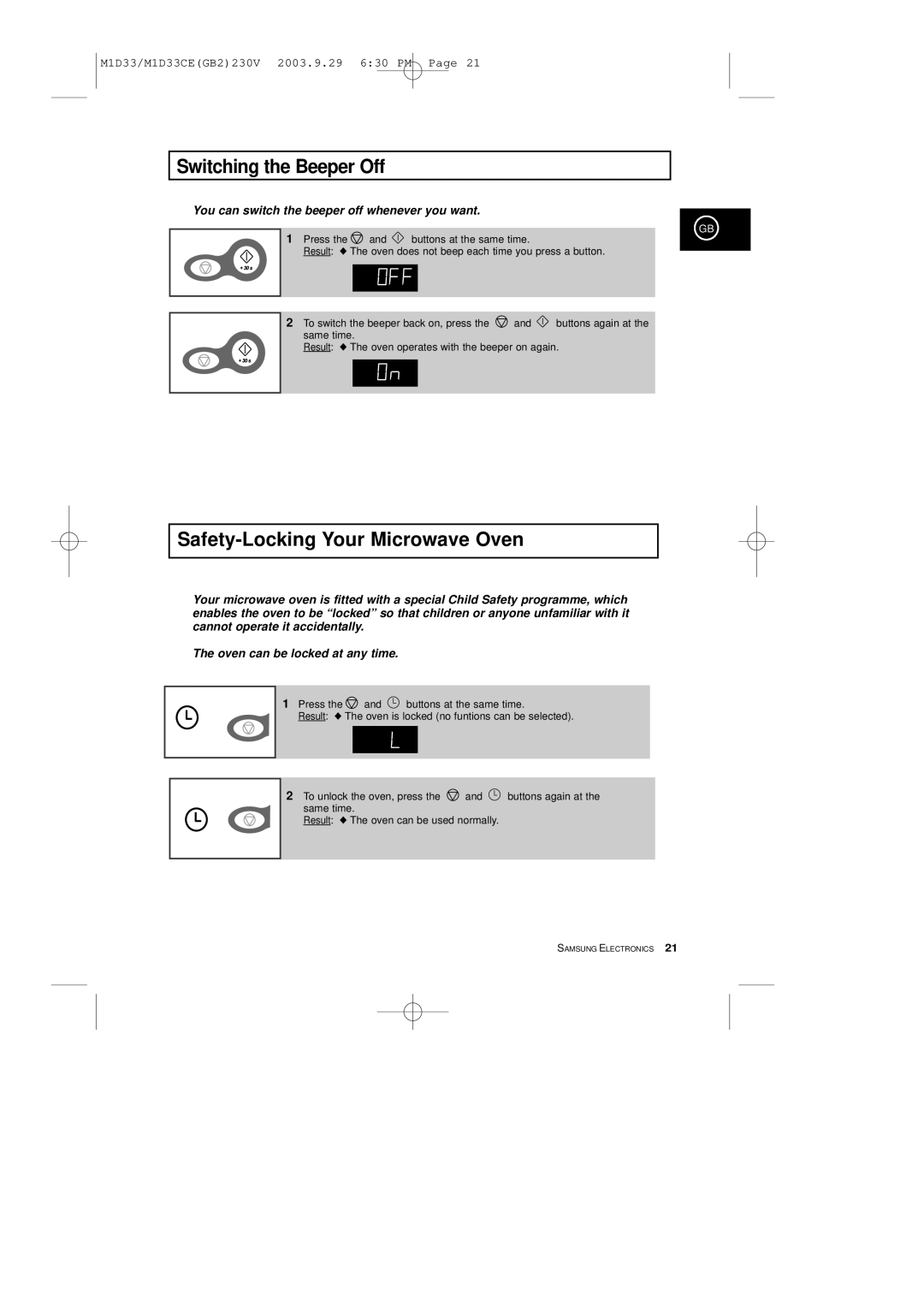 Samsung M1D33CE manual Switching the Beeper Off, Safety-Locking Your Microwave Oven 