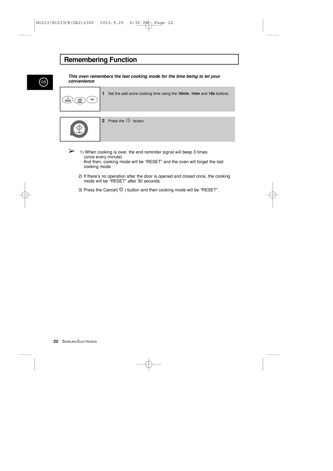 Samsung M1D33CE manual Remembering Function 