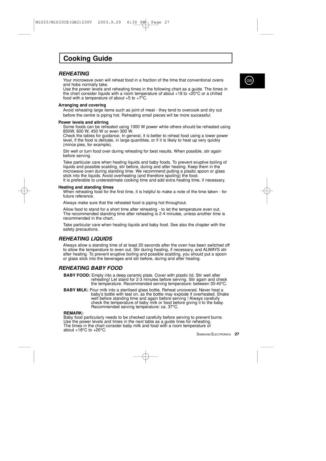 Samsung M1D33CE manual Reheating 