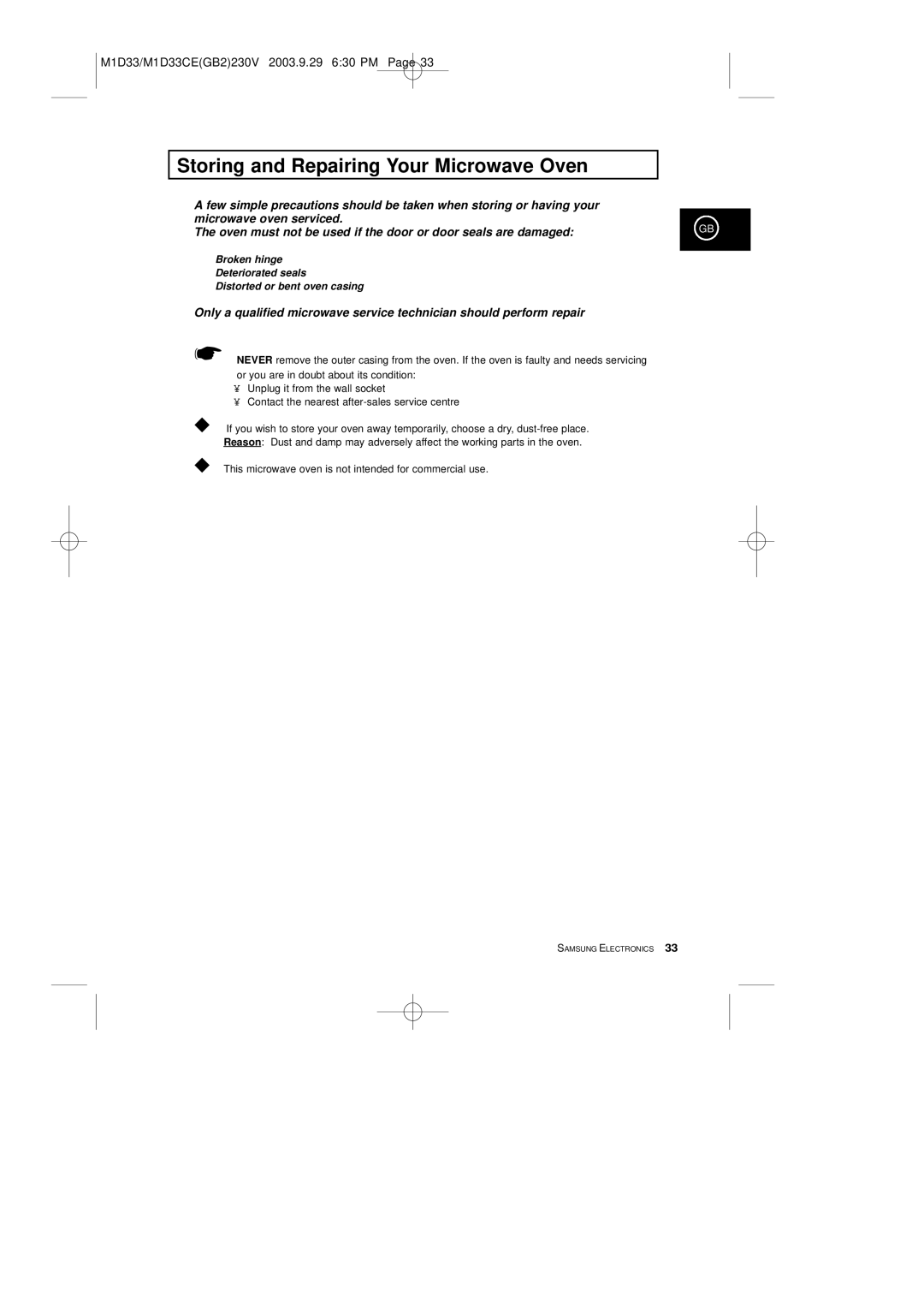 Samsung M1D33CE manual Storing and Repairing Your Microwave Oven 