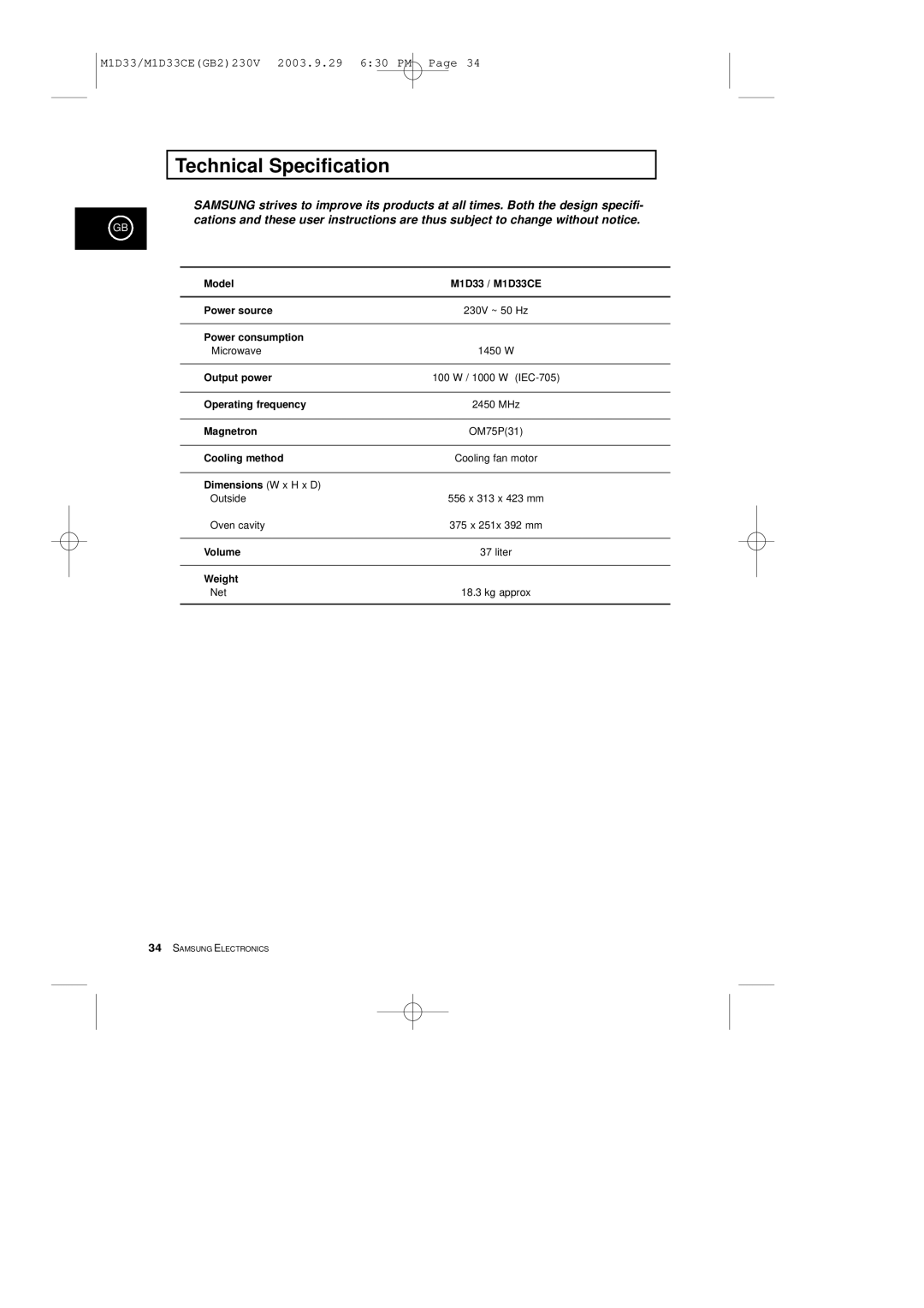 Samsung M1D33CE manual Technical Specification 