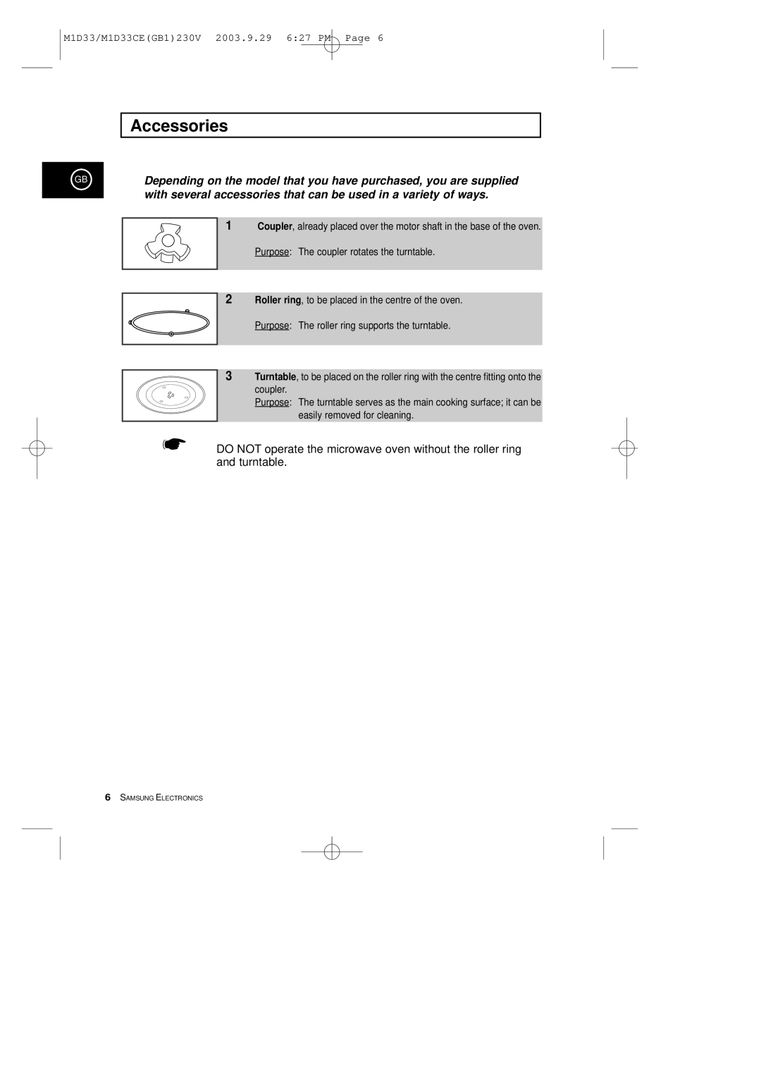 Samsung M1D33CE manual Accessories, Purpose The coupler rotates the turntable 