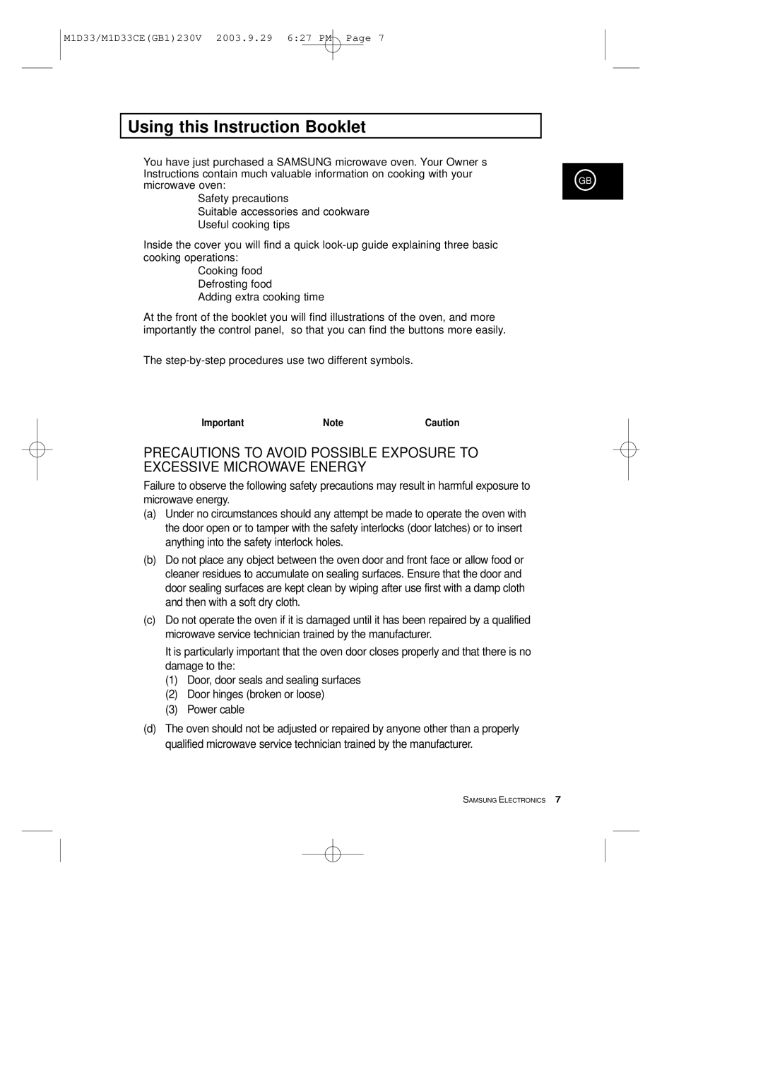 Samsung M1D33CE manual Using this Instruction Booklet, Microwave oven 