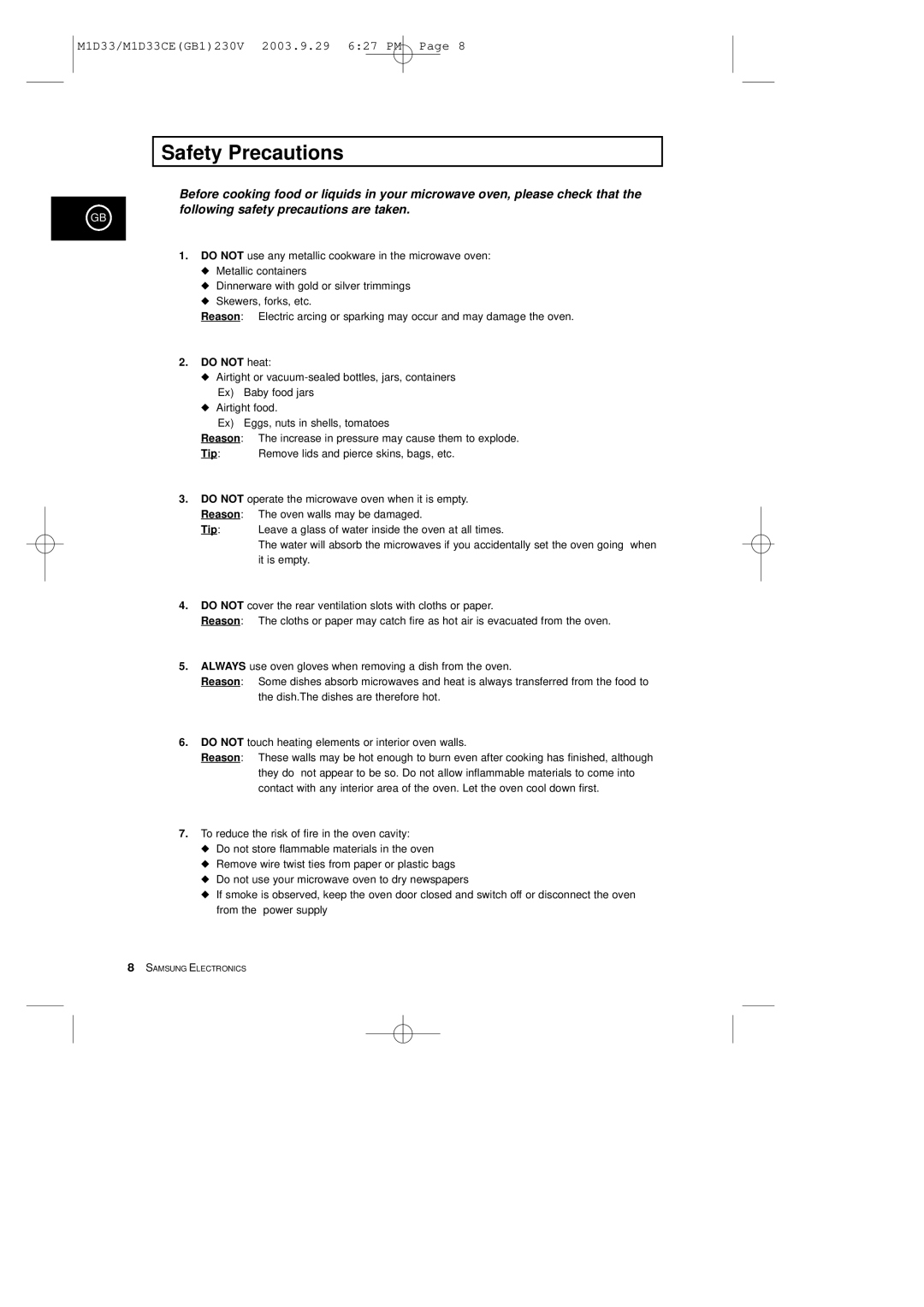 Samsung M1D33CE manual Safety Precautions, Do not heat, Reason, Tip 