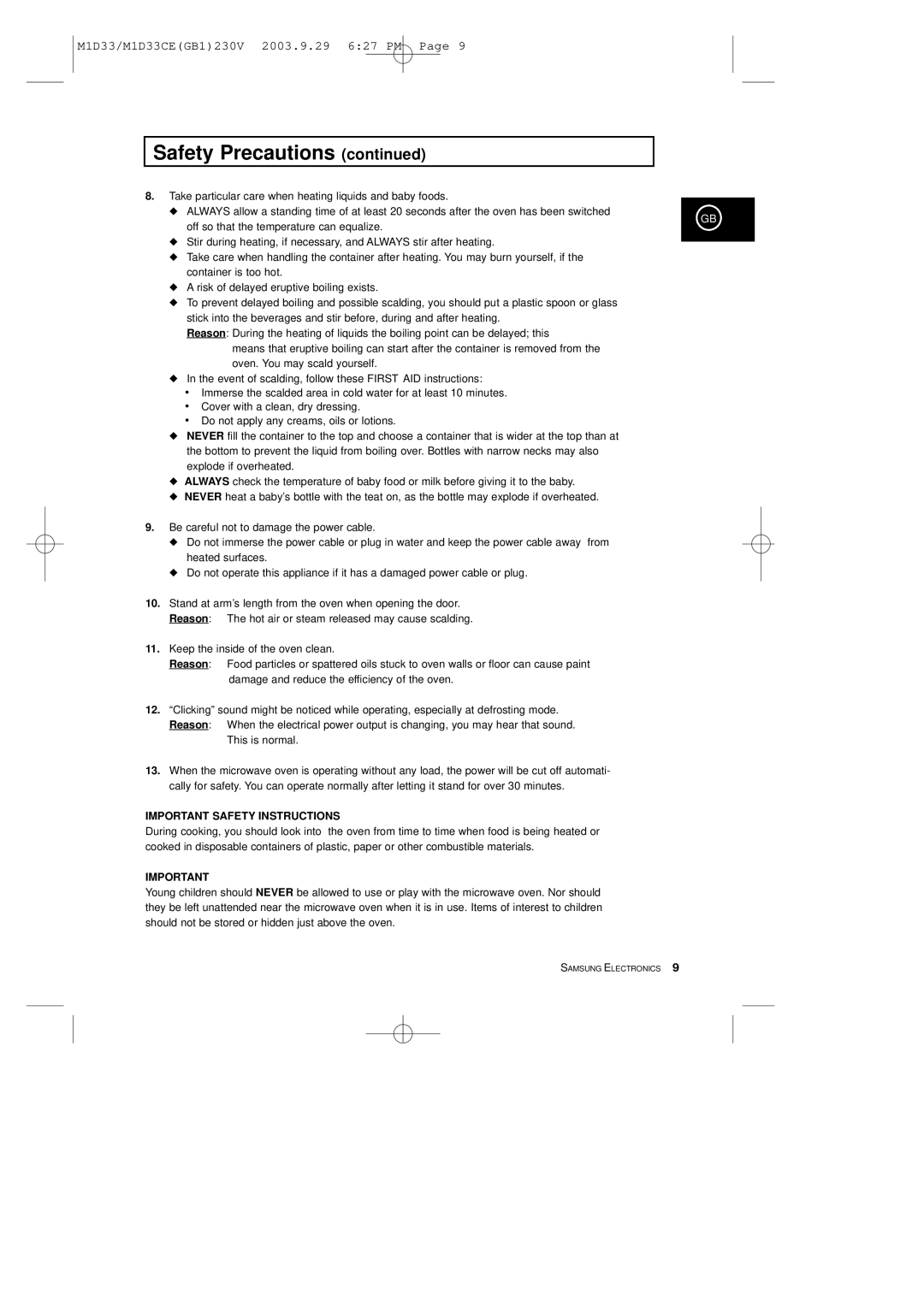 Samsung M1D33CE manual Important Safety Instructions 