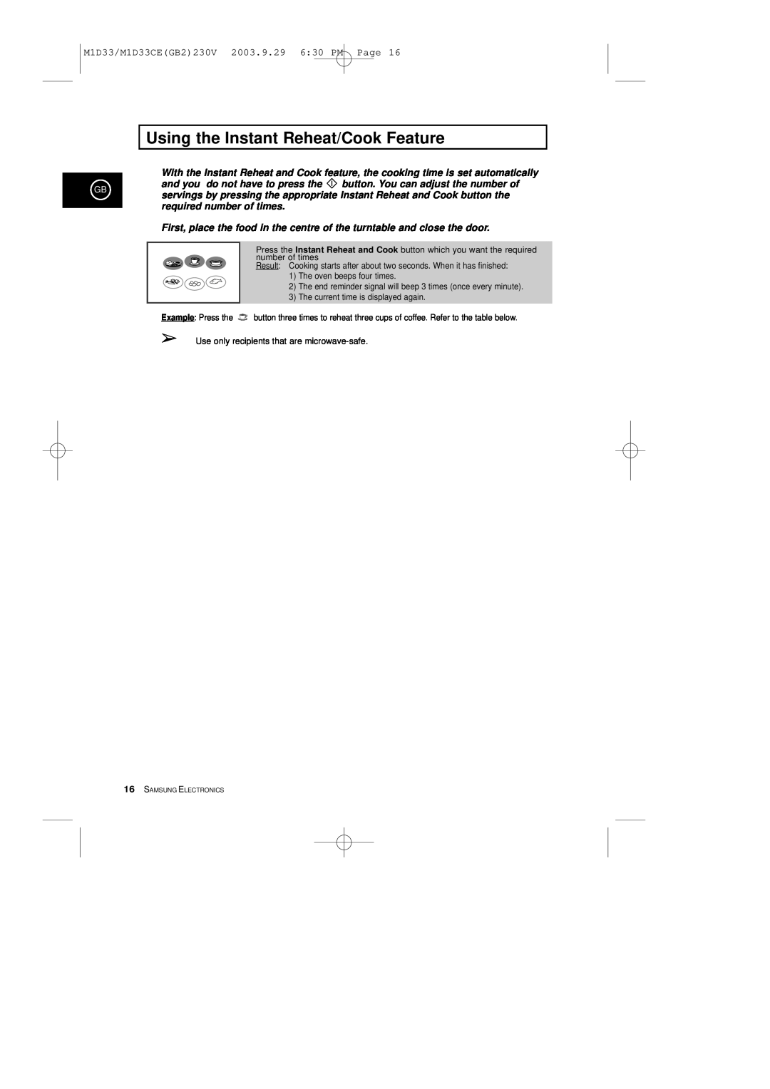 Samsung M1D33CE manual Using the Instant Reheat/Cook Feature, Samsung Electronics 