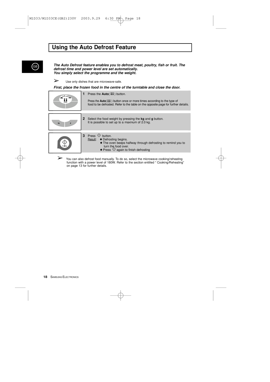 Samsung manual Using the Auto Defrost Feature, M1D33/M1D33CEGB2230V 2003.9.29 630 PM Page 