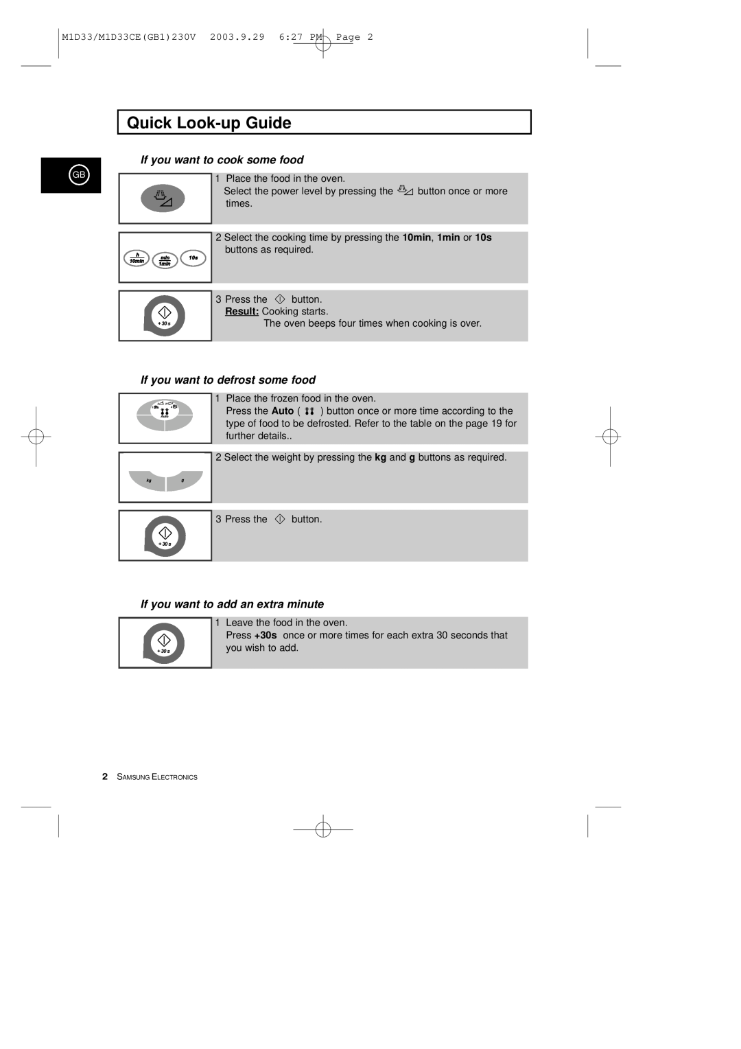 Samsung M1D33CE manual Quick Look-up Guide, If you want to cook some food, If you want to defrost some food 