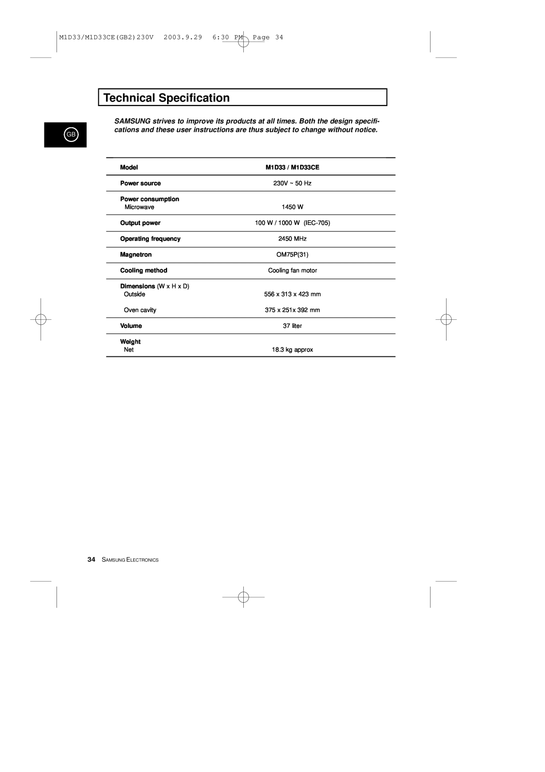Samsung manual Technical Specification, M1D33/M1D33CEGB2230V 2003.9.29 630 PM Page 