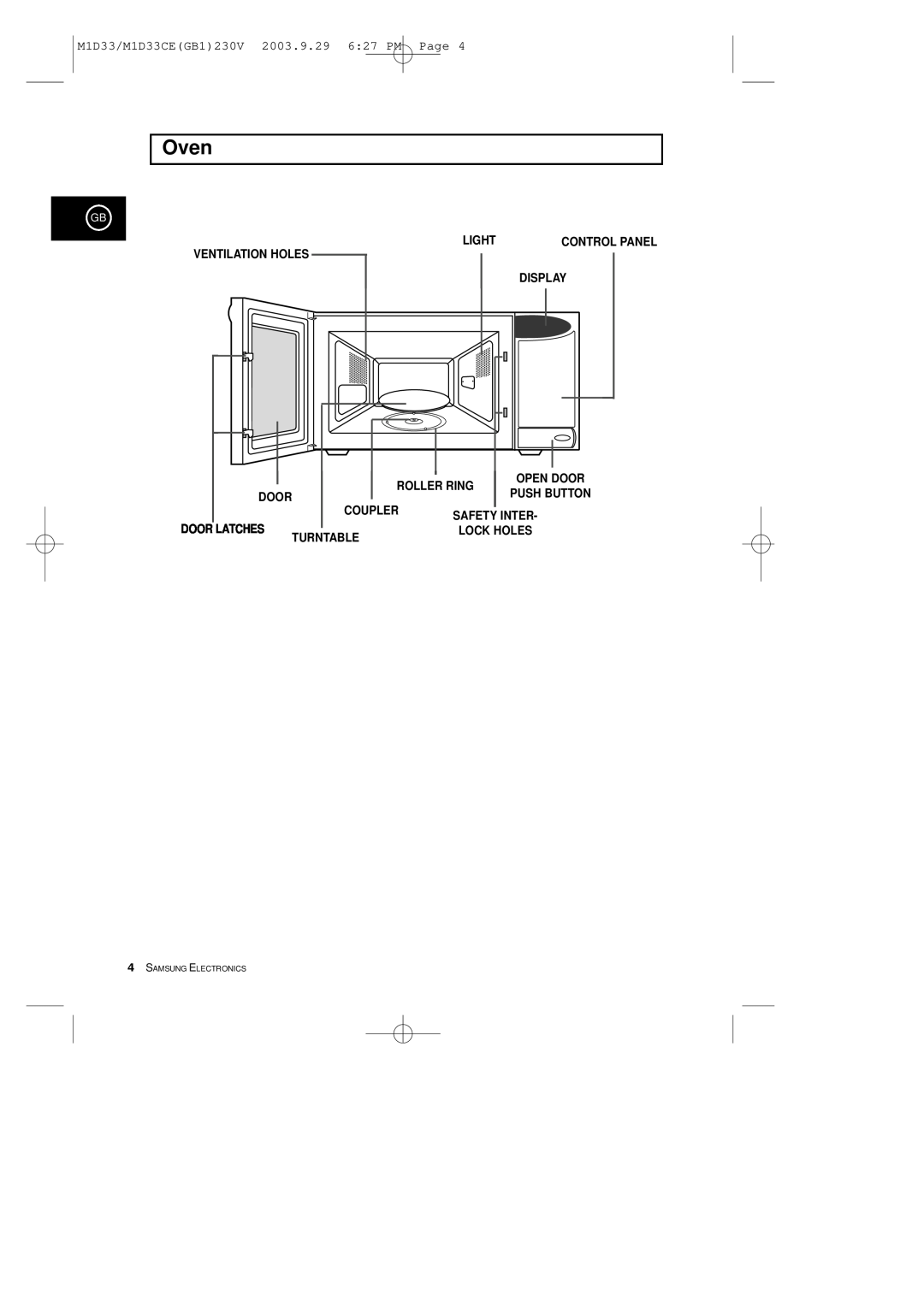 Samsung Oven, M1D33/M1D33CEGB1230V 2003.9.29 627 PM Page, Ventilation Holes, Light, Display, Open Door, Roller Ring 