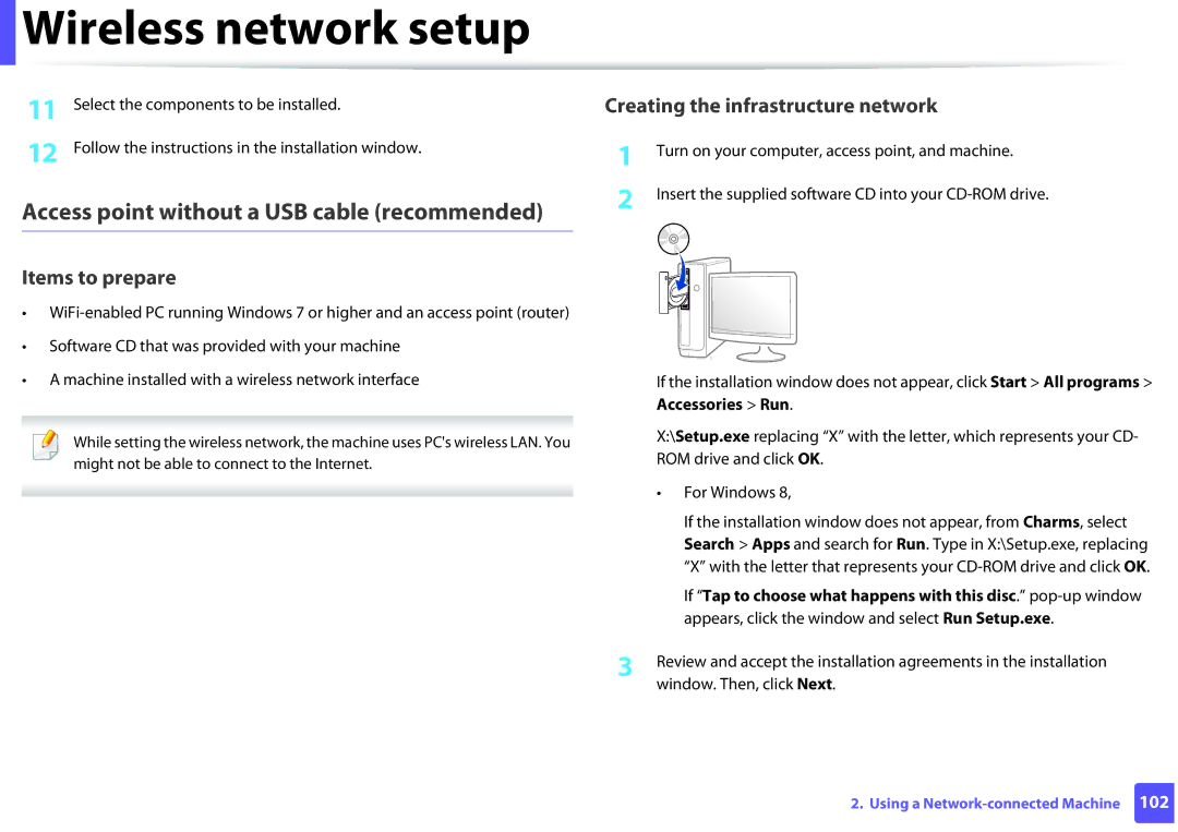 Samsung M202x manual Access point without a USB cable recommended 