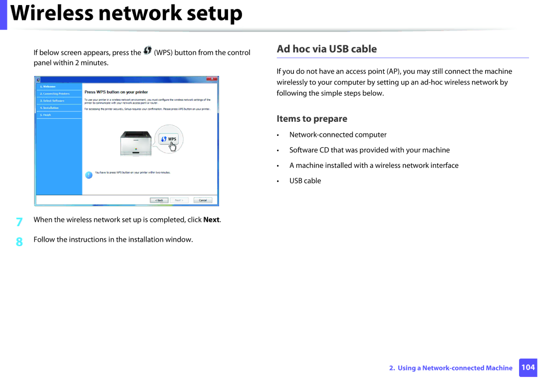 Samsung M202x manual Ad hoc via USB cable 