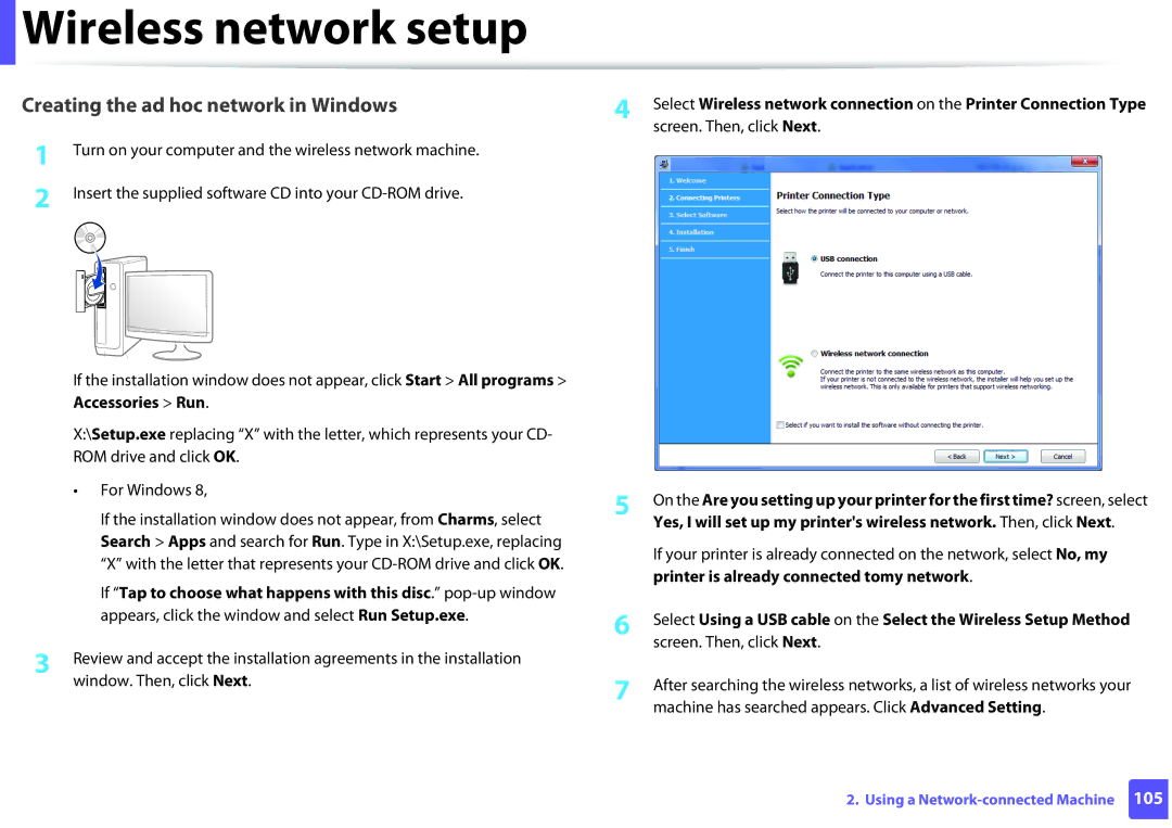 Samsung M202x manual Creating the ad hoc network in Windows 