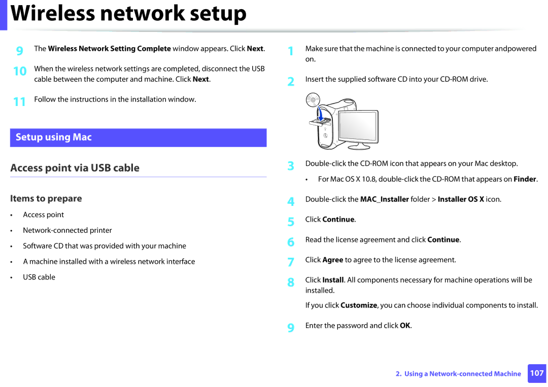 Samsung M202x manual Setup using Mac, Wireless Network Setting Complete window appears. Click Next 