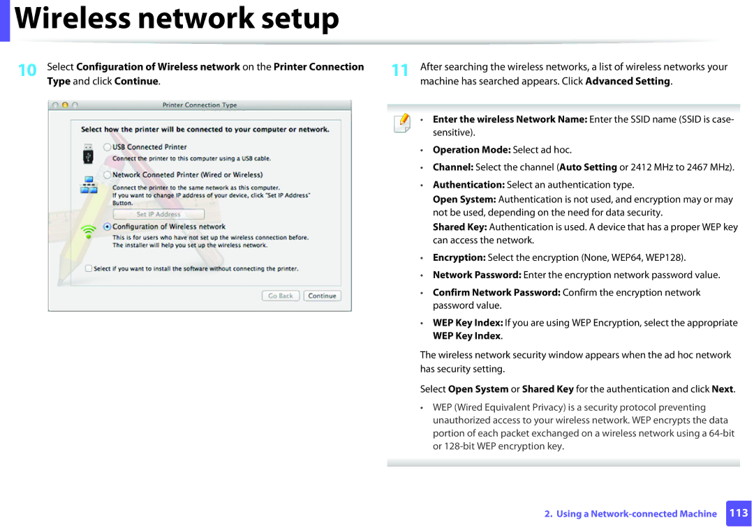 Samsung M202x manual Machine has searched appears. Click Advanced Setting, WEP Key Index 