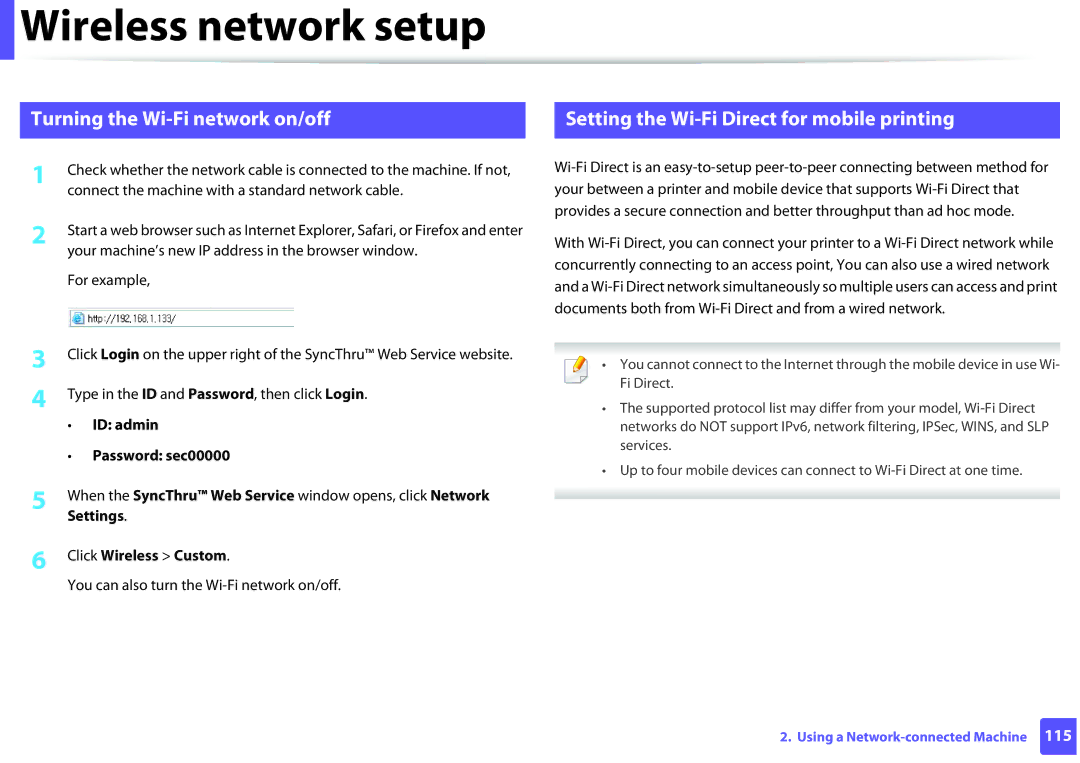 Samsung M202x manual Turning the Wi-Fi network on/off, Setting the Wi-Fi Direct for mobile printing, Click Wireless Custom 