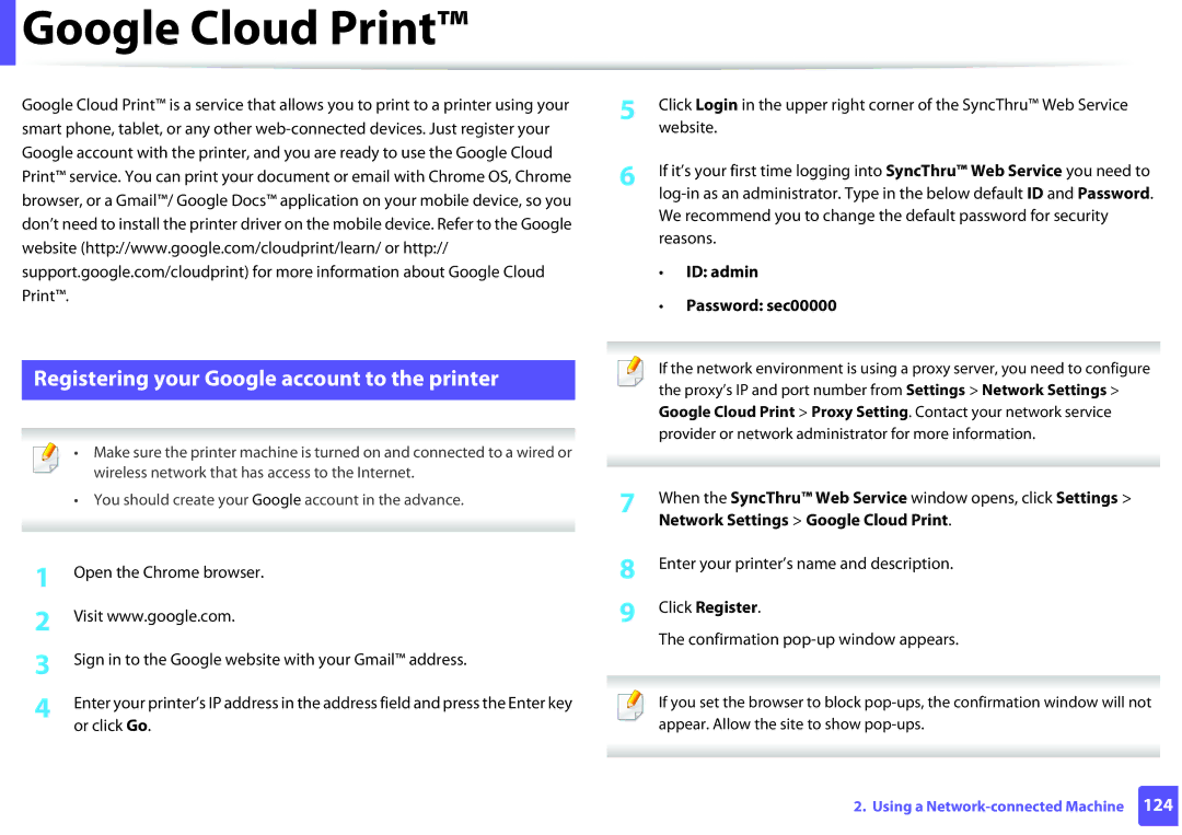 Samsung M202x manual Google Cloud Print, Registering your Google account to the printer, Click Register 