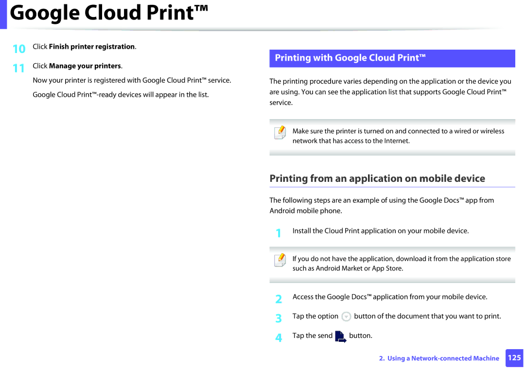 Samsung M202x Printing from an application on mobile device, Printing with Google Cloud Print, Click Manage your printers 