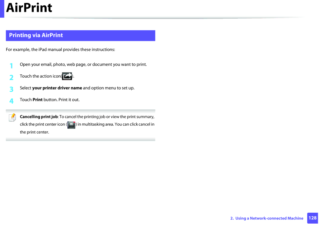 Samsung M202x manual Printing via AirPrint 