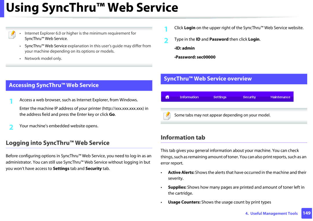 Samsung M202x manual Using SyncThru Web Service, Logging into SyncThru Web Service, Information tab 