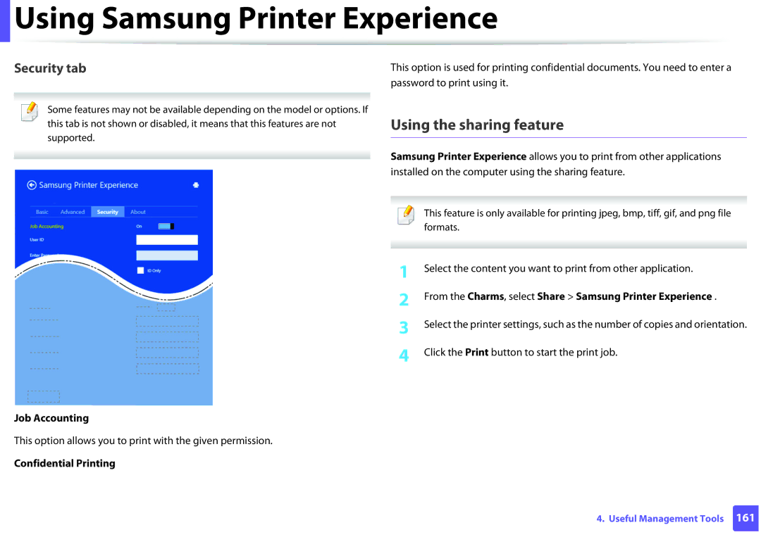 Samsung M202x manual Using the sharing feature, Job Accounting, Confidential Printing 