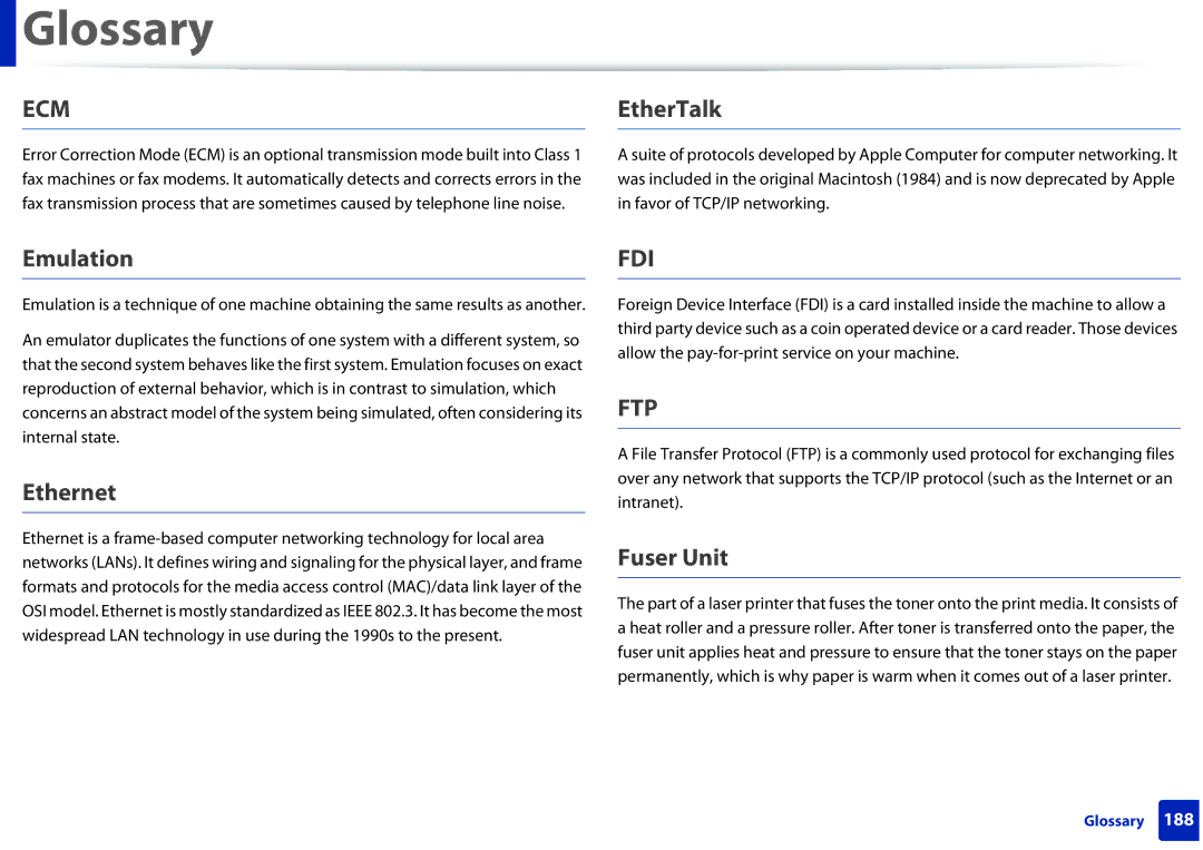 Samsung M202x manual EtherTalk, Emulation, Ethernet, Fuser Unit 