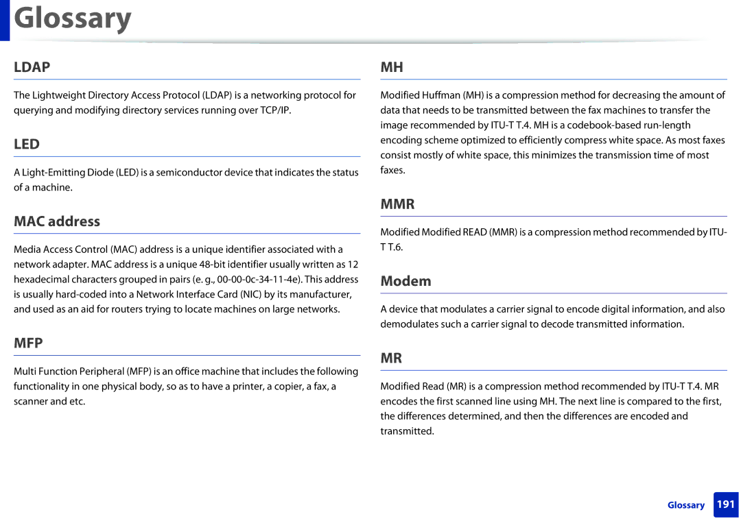 Samsung M202x manual MAC address, Modem 