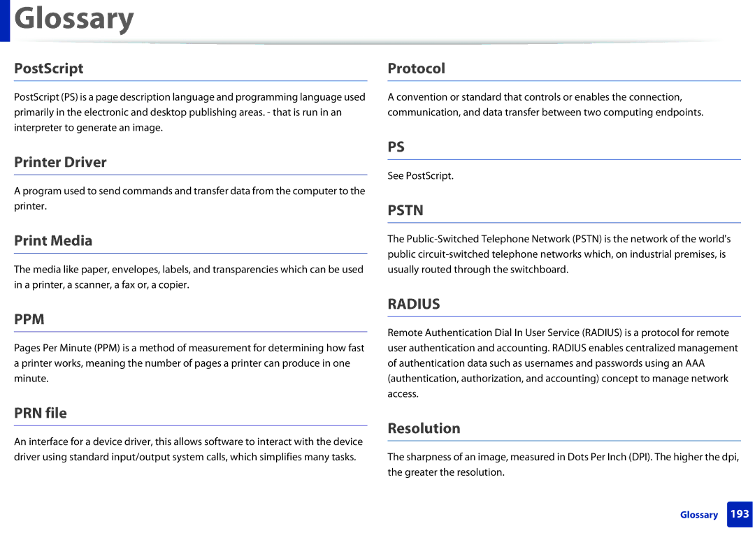 Samsung M202x manual PostScript, Printer Driver, Print Media, PRN file, Protocol, Resolution 