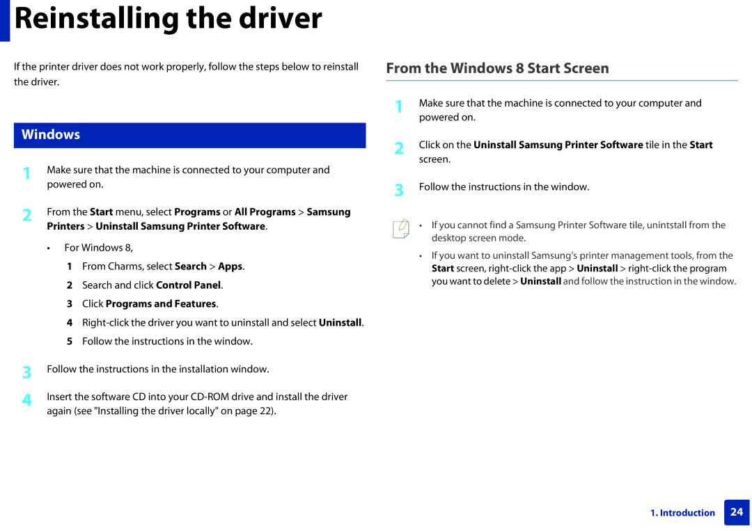 Samsung M202x manual Reinstalling the driver, Click Programs and Features 