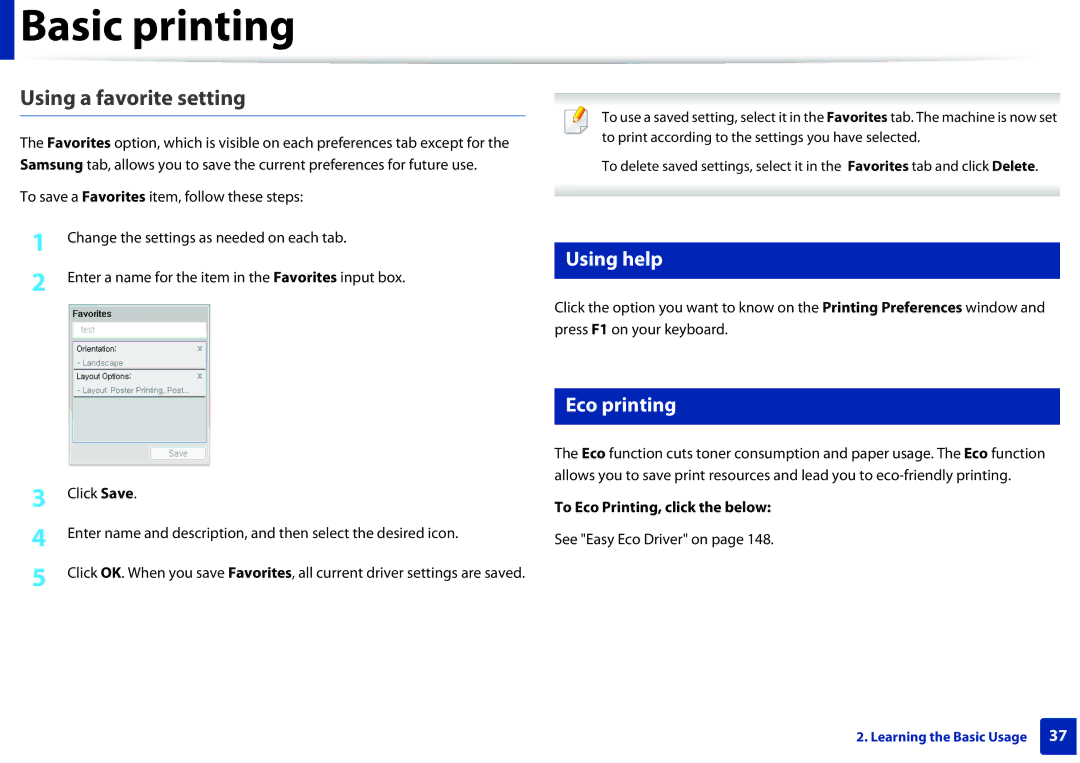 Samsung M202x manual Using a favorite setting, Using help, Eco printing, To Eco Printing, click the below 