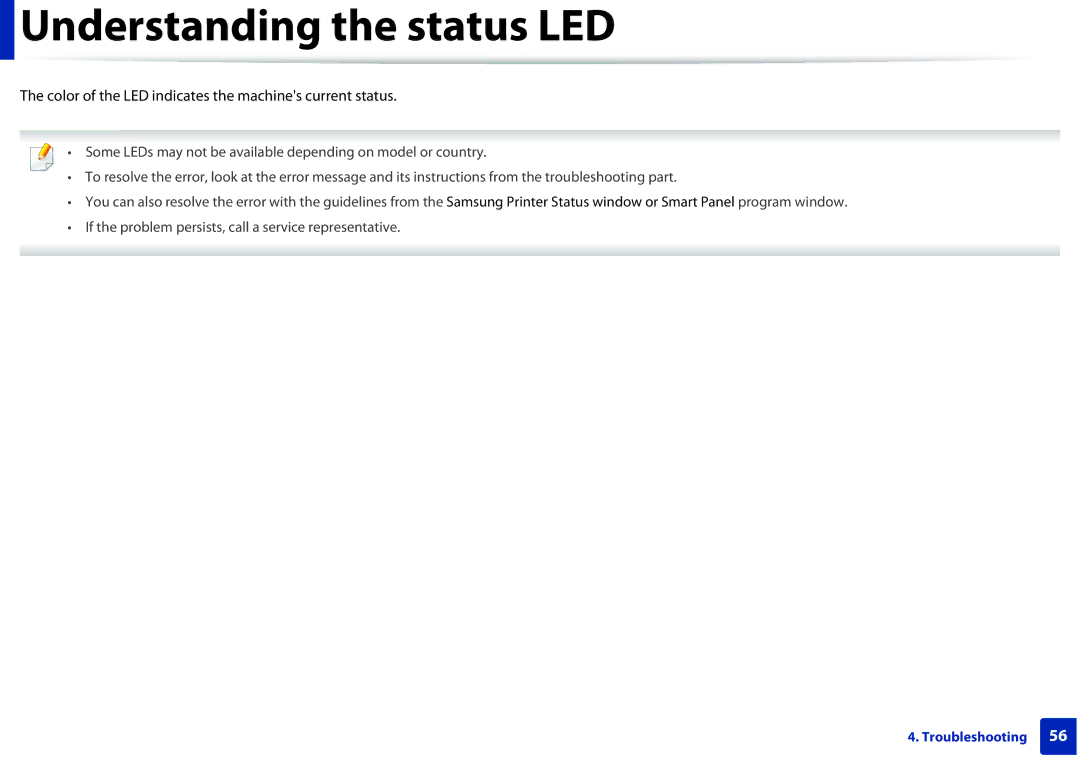 Samsung M202x manual Understanding the status LED, Color of the LED indicates the machines current status 