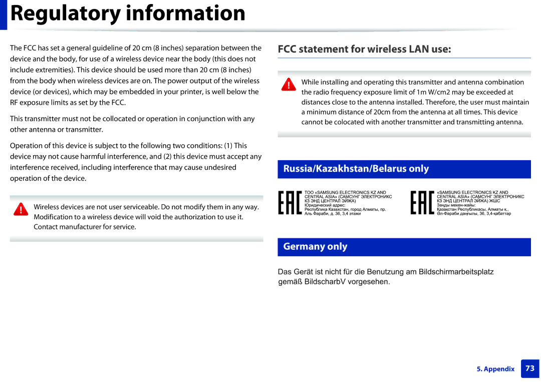 Samsung M202x manual FCC statement for wireless LAN use, Russia/Kazakhstan/Belarus only Germany only 