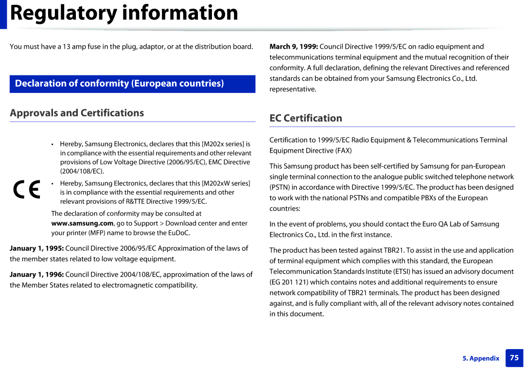 Samsung M202x manual Approvals and Certifications, EC Certification, Declaration of conformity European countries 