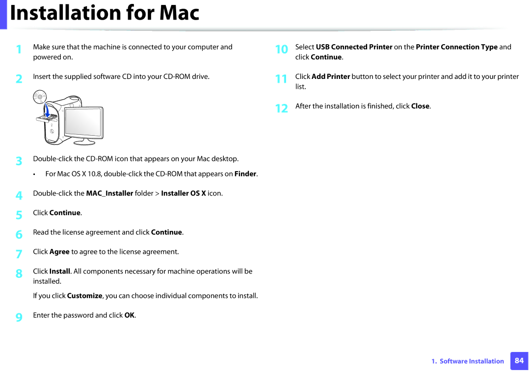 Samsung M202x manual Installation for Mac, Click Continue, Select USB Connected Printer on the Printer Connection Type 