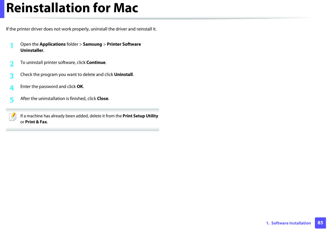 Samsung M202x manual Reinstallation for Mac, Or Print & Fax 