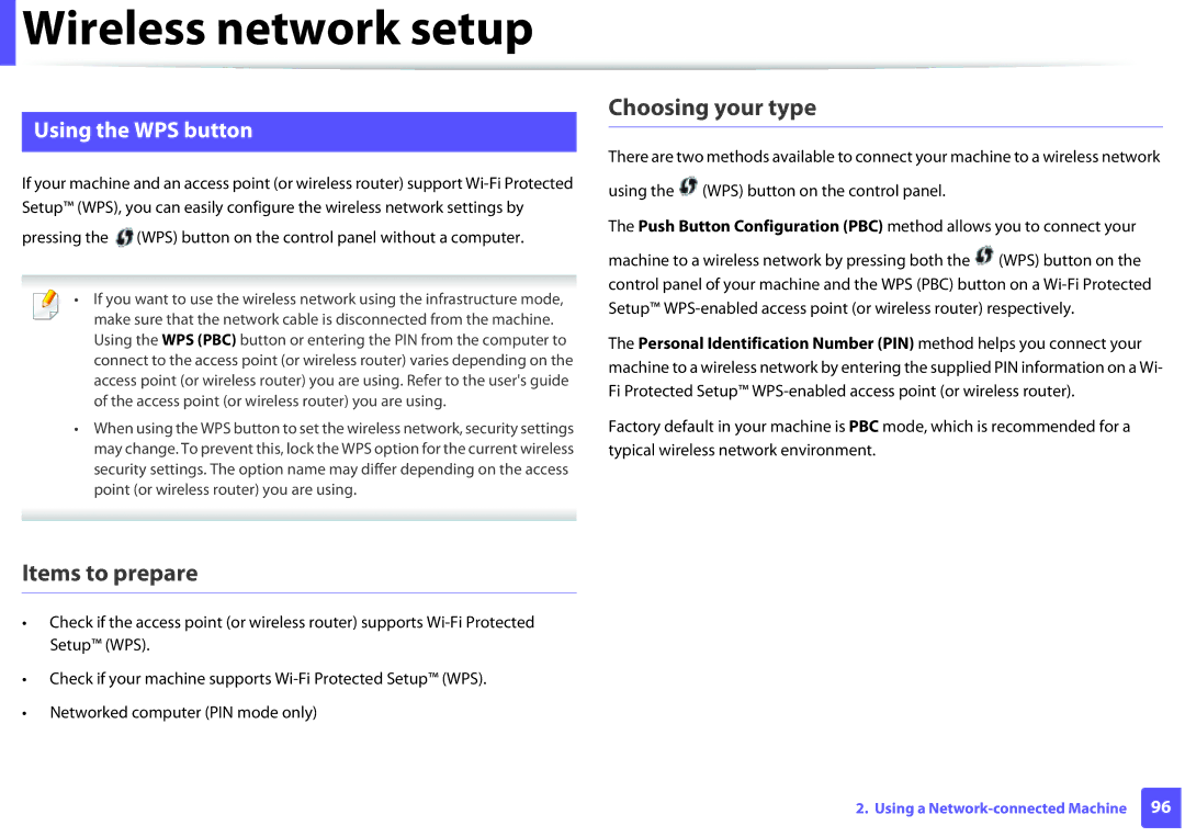 Samsung M202x manual Choosing your type, Items to prepare, Using the WPS button 