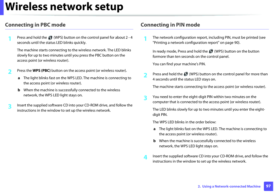 Samsung M202x manual Connecting in PBC mode Connecting in PIN mode 