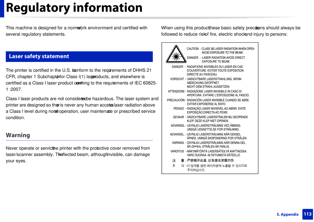 Samsung M207x manual Regulatory information, Laser safety statement 