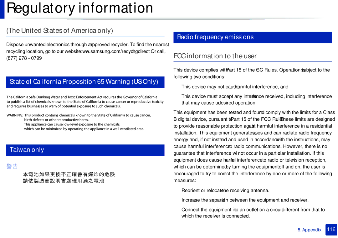 Samsung M207x manual United States of America only, FCC information to the user, Radio frequency emissions, 877 278 