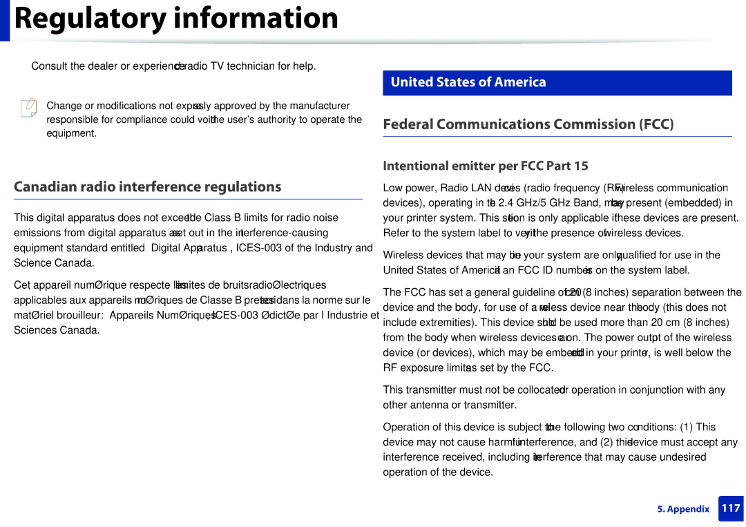 Samsung M207x Canadian radio interference regulations, Federal Communications Commission FCC, United States of America 